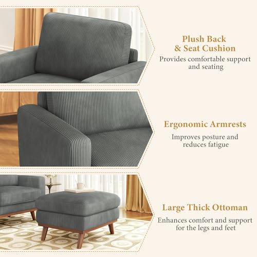 Image of Vesgantti 38.5 inch Accent Chair with Movable Ottoman, Comfy Corduroy Armchair with Spring Cushion, Reading Chair with Ottoman, Modern Single Sofa for Living Room, Bedroom and Apartment, Dark Gray