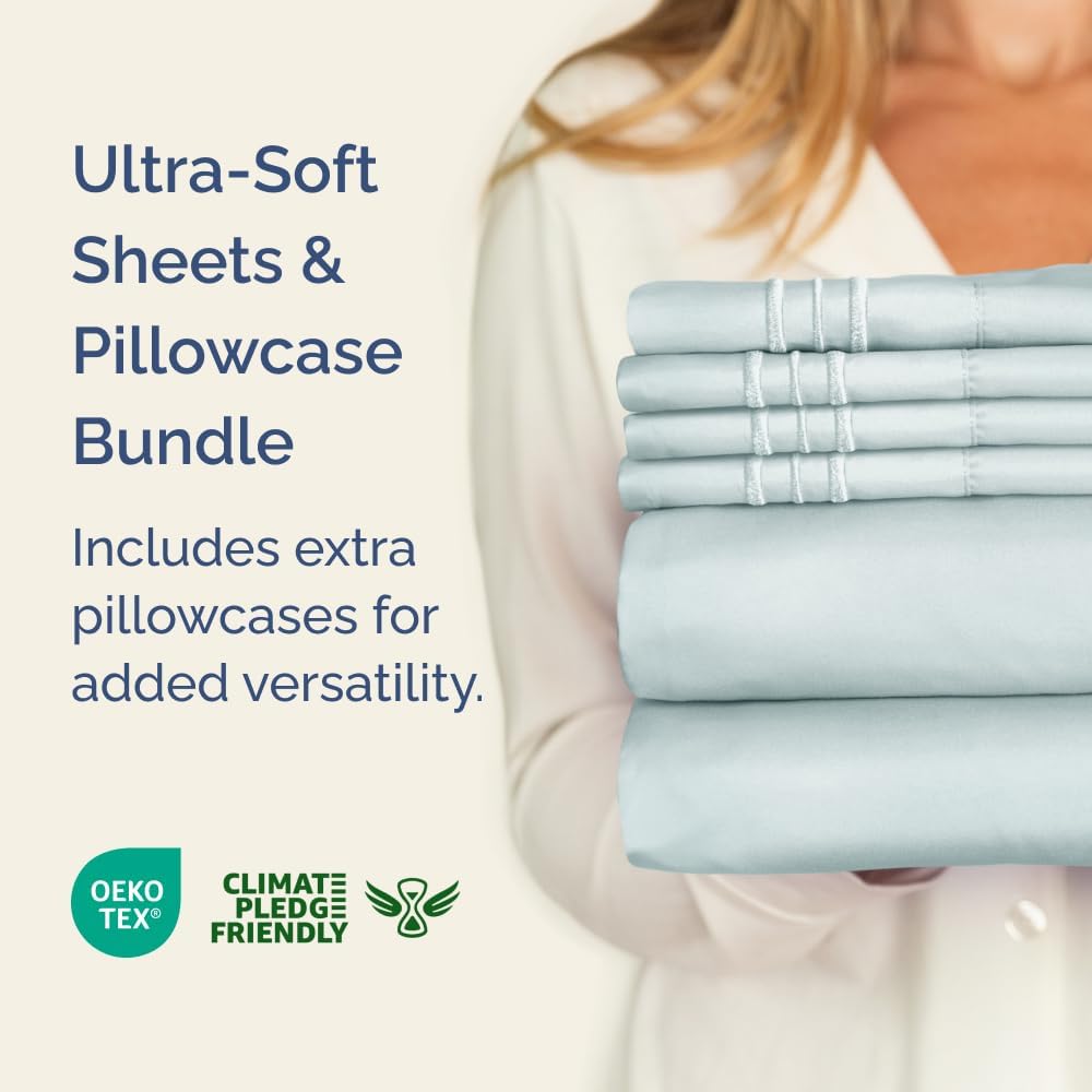 Ice Blue 4-Piece Sheet Set & Pillowcase Bedding Bundle (Full Size) - Complete Full Sheet Set & 2 Pillowcases w/ Deep Pockets up to 16 inches - Comfy, Hotel Luxury Quality - Soft, Breathable & Cooling