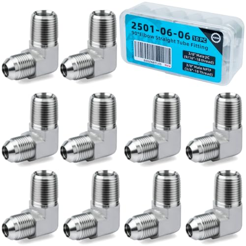 Image of 90 Elbow Straight Hydraulic Hose Adapter Fittings, 2501-06-06 3 /8 inch Tube 9 /16-18 JIC Male x 3 /8-18 NPTF Male Connectors x 10 pack