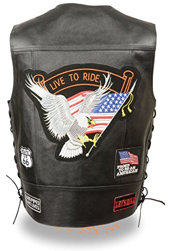 EVENT LEATHER - Mens Pre-Patched Live to Ride (9 total Patches) Side Lace Leather Vest (X-Large)