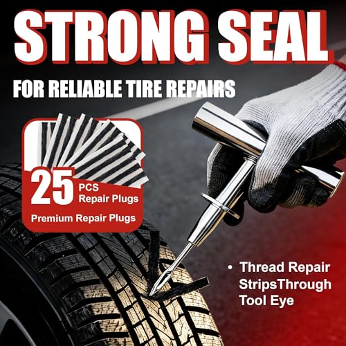 Image of AWELCRAFT 36-Piece Tire Repair Kit - Heavy Duty Flat Tire Plug Kit with T-Handle Tools, 25 Rubber Plugs, 4-Way Valve Tool, Pliers, Folding Knife - Portable Tool Bag - Universal for Car