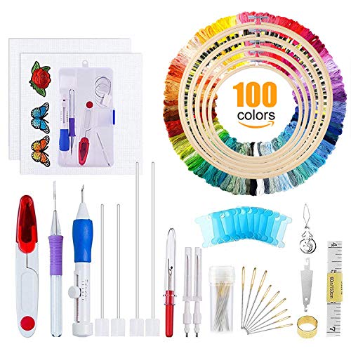 Embroidery Starter Kit Full Set - Including Magic Embroidery Pen Punch Needle,5 Pieces Bamboo Embroidery Hoops, 100 Color Threads,Embroidery Needles Stitching Punch Pen Set Craft Tool for Beginner