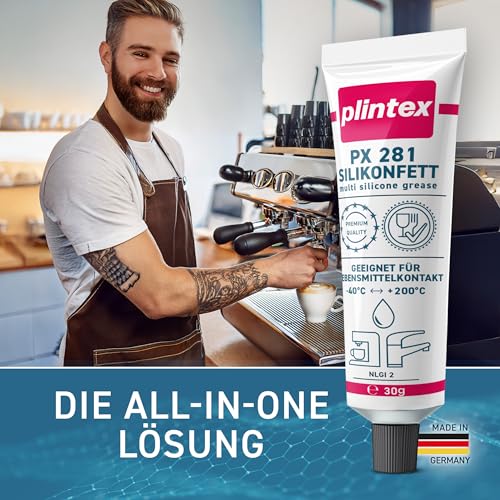 PLINTEX® Silikonfett für Kaffeevollautomaten 30g effektiv inkl. Reinigungsset - Schmierfett für Brühgruppe, Armaturen, Dichtungen & O-Ringe - Silikon Armaturenfett, Kaffeemaschine Fett