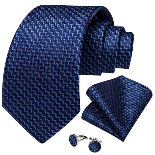 Image of DiBanGu Striped Tie Set for Men Silk Woven Plaid Necktie and Pocket Square Cufflinks Business Wedding