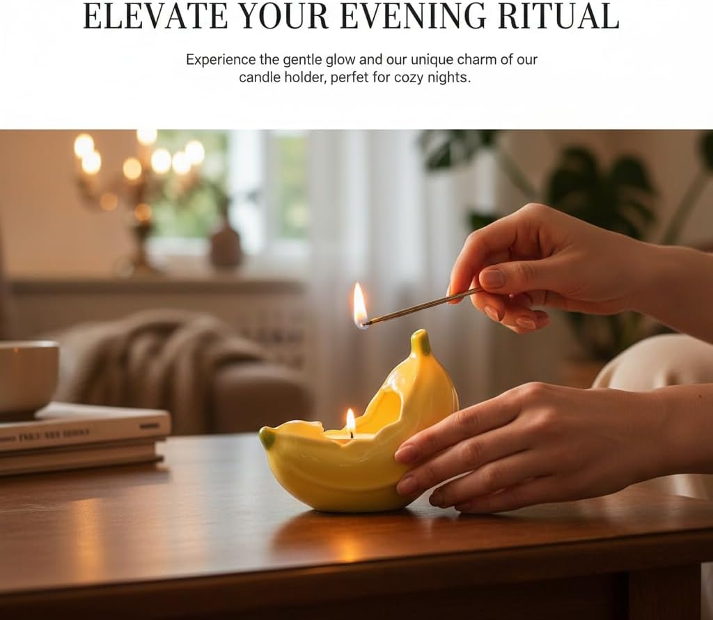 Banana Shaped Ceramic Candle Holder & Mini Succulent Planter, Unique Fruit Themed Desktop Decor for Home Office, Warm Yellow (2Pcs)