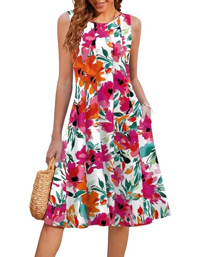 Image of HOTOUCH Summer Casual Dresses for Women Sleeveless Midi Dress Swing Tank Sundress Pleated Tshirt Dress with Pockets