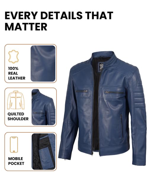 Image of Decrum Cafe Racer Leather Jacket for Men - Real Lambskin Motorcycle Style Mens Jacket with Zipper Closure