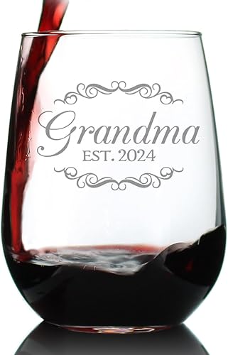 Grandma Est 2024 - New Grandmother Stemless Wine Glass Gift for First Time Grandparents - Decorative 17 Oz Large Glasses