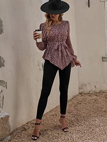 Makemechic Women's Maternity Shirt Floral Long Sleeve Belted Pregnancy Peplum Blouse Top Multi S #TOP4