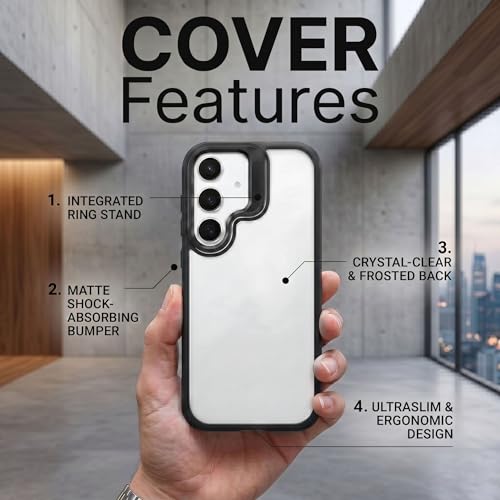Image of amazon basics Frosted Matte Case for Samsung Galaxy S24 5G | Built-in Flip-Out Camera Lens Stand | Translucent Back with Contrast Black Bumper | Shockproof Protective Cover with Foldable Kickstand
