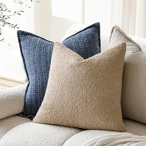 Image of Foindtower Pack of 2, Decorative Textured Boucle Throw Pillow Covers Accent Solid Pillow Cases Cozy Soft Couch Cushion Case for Chair Sofa Bedroom Living Room Home Decor 22 x 22 Inch Taupe Khaki Camel