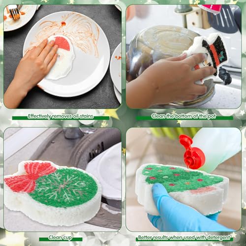 Image of Layhit 12 Pcs Christmas Dish Sponges Cute Kitchen Non Scratch Scrub Sink Sponges Wood Pulp Reusable Household Cleaning Cloth for Kitchen Dishes Furniture (Christmas Theme)