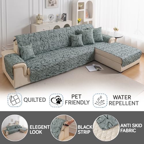 Image of HOKIPO 'Elira Series' Printed Quilted One-Piece L Shape 6 Seater (3+3) Sofa Cover Mat with Right Chaise | Anti-Slip Backing & SecureFit Belt, Intense Grey Abstract Floral (AR-6230-C2)