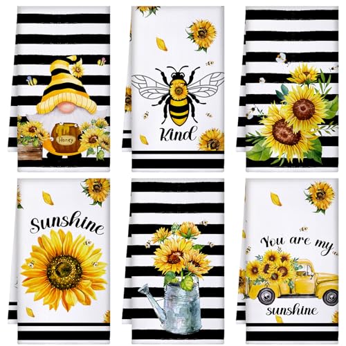 Tranqun 6 Pcs Sunflower Kitchen Towels Bee Hand Towels Set Summer Stripes Gnomes Dish Cloth Sunflower Bee Tea Towel Absorbent Drying Cloth for Kitchen Cooking Home Baking Housewarming Gifts,16 x 24''