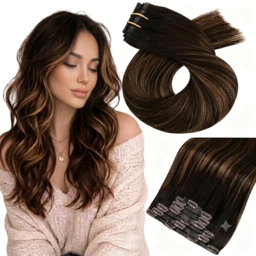 Image of Moresoo Seamless clip in hair extensions, Balayage Brown 20inch, PU Weft | Hair extensions clip ins, ombre dark brown to chestnut brown, 120g 7pcs, for date nights and social events, soft layered