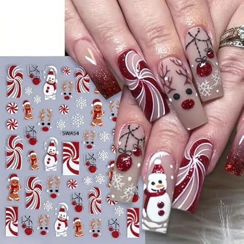 Christmas Nail Art Stickers Decals 8PCS 3D Snowflake Snowman Christmas Nail Stickers Santa Claus Gingerbread Man Elk Xmas Tree Nail Design Decals Xmas New Year Nail Supplies for Nail Art Decorations Cover