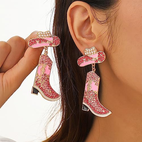 Rhinestone Western Cowboy Dangle Earrings for Women Girls Long Pink Crystal Cowgirl Boots Hat Nashville Statement Charms Drop Dangling Stud Earrings Fashion Nickel Free Festival Party Trip Y2K Jewelry Gifts2