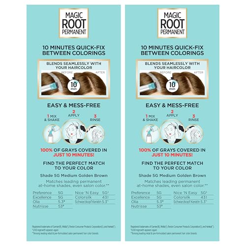Image of L'Oreal Paris Magic Root Permanent Hair Color Kit, 100% Gray Hair Coverage In Just 10 Minutes, Precision Brush Applicator for Seamless Application, 5G Medium Golden Brown (2 Count)