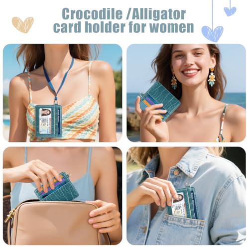 Image of Slim Credit Card Holder Crocodile Wallet Women Thin Wallets | Alligator Print RFID Blocking Minimalist Lightweight Pocket Small Cute Cards Holders ID Window, Blue Croc