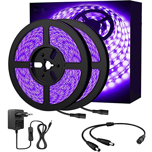 VANLUDA Ruban LED Ultraviolet 10M pour Lumière Noire, DC 12V 2835 600 LEDs, Lampe Violet, Bande Lumineux, Eclairage Ambiance UV pour Couleur Fluo Soirée DJ...
