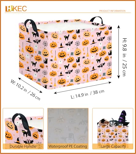Image of Rectangle Storage Basket with Handles,Collapsible Storage Bin,Books Box,Gift Basket(Pink Cat Halloween)