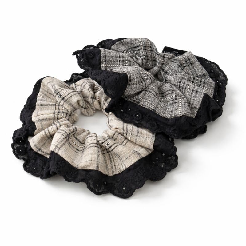 Oversized Lace Hair Scrunchies for Women, Cotton Linen Fabric Hair Ties, Gentle No Pull Elastic, Frizz Control & Thick Hair Friendly, Vintage Style, 2 Pack