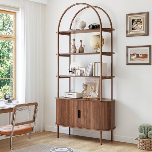 79' Tall Arched Bookshelf with Sliding Tambour Doors, Mid Century Modern Curved Bookcase Cabinet with Storage, 4-Tier Open Display Storage Shelf for Home Office,Living Room (Walnut, 79inch)