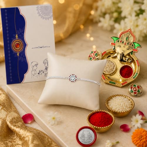 Image of Oblivion Rakhi Set for Brother - Designer Floral Rakhi for Brother with Ganesh Ji Pooja Thali, Pooja Coin & Card | Combo for Raksha Bandhan