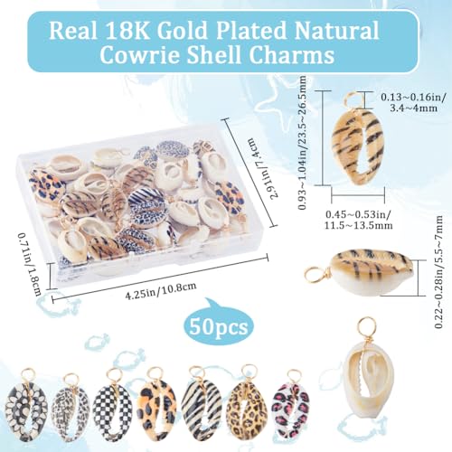 Beebeecraft 1 Box 50Pcs Natural Shell Charms 18K Gold Plated Cowrie Seashells Charms for Sea Jewellery Making DIY Crafts - Image 2