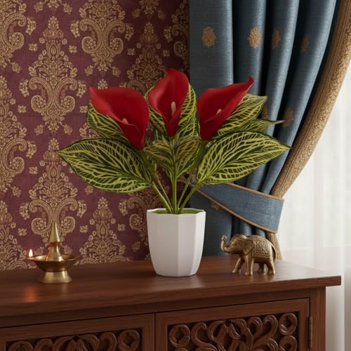Image of fancymart Artificial Calla Lily Plant with Pot - 30 cm Height Decorative Flower Leaves (Pack of 1) | Realistic Faux Plant for Home & Office Decor | Table, Shelf & Desk Decoration
