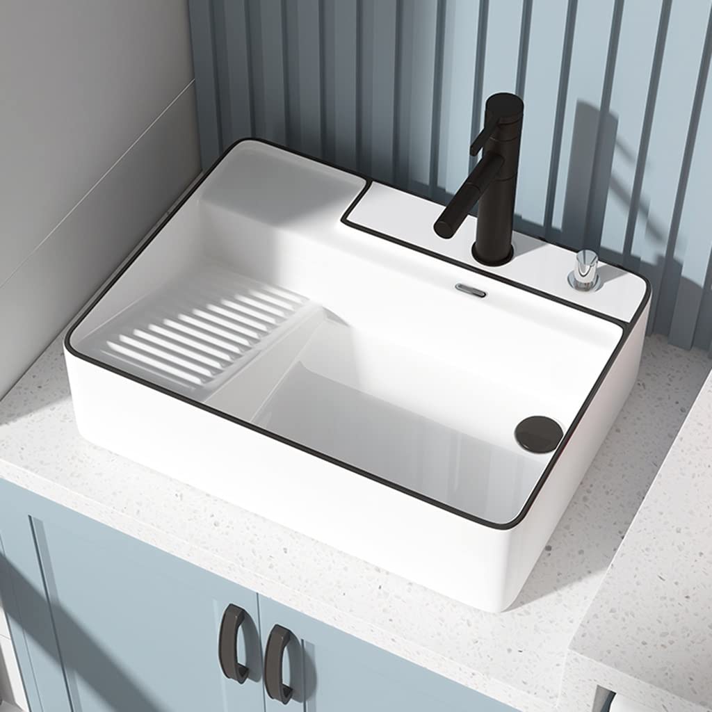Lavabo De Baño Rectangular De Cerámica sobre Encimera con Grifo Extraíble De Arte, Bañera De Lavandería De Balcón con Tabla De Lavar