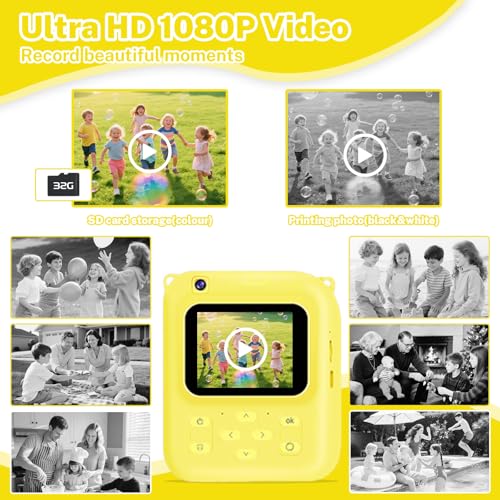 Image of Instant Print Camera for Kids, 1080P Video Camera with 3 Print Rolls | 32GB Card & Cute Cover, Gift for Girls Boys Age 3-12, Toddler Digital Camera with Games, Filters, Music - Yellow