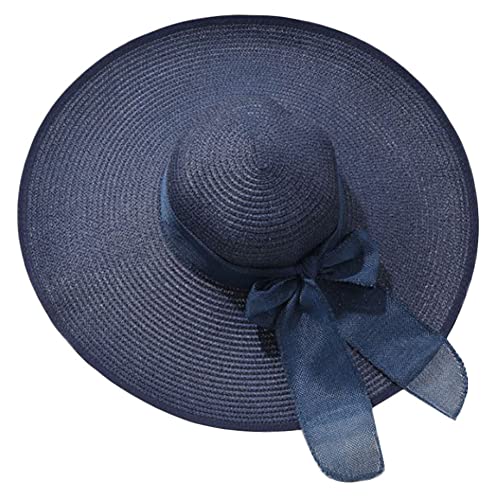 Womens Wide Brim Straw Sun Hat Beach Hat for Women UPF 50+ Foldable Roll Up Floppy Straw Cap Navy