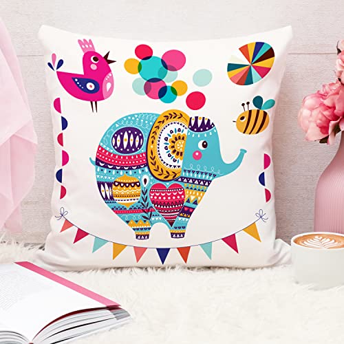 STITCHNEST Unique Cute Elephant Cartoon Blue Printed Canvas Cotton Cushion Covers, Set of 5 (16 x 16 Inches) 3 51NBoc8yKlL