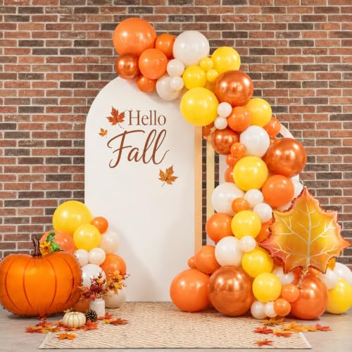 Image of Fall Balloons 12Inch Burnt Orange Mustard Yellow Beige Thanksgiving Balloon | Maple Leaf Pumpkin Foil Balloon, Double Stuffed Latex, Harvest Festival Theme, Friendsgiving, Autumn Turkey Party Decorations