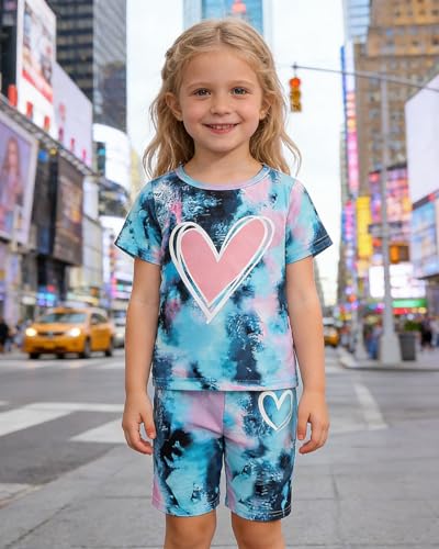 Image of Kids Girl Clothes Tie Dye Heart Print Short Sleeve Top and Shorts Toddler Girl Summer Outfits Short Set