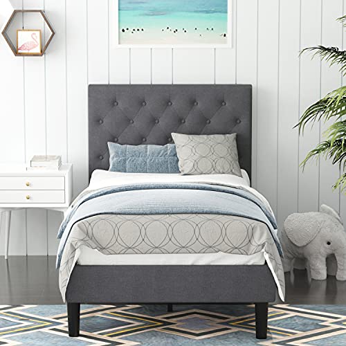 Catrimown Twin Bed Frame With Upholstered Button Tufted Headboard, Linen Fabric Platform Bed Frame With Strong Wooden Slat Support, Mattress Foundation, No Box Spring Needed, Easy Assembly, Dark Grey #TOP4