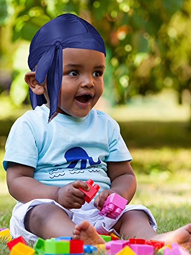 4 Pieces Kids Silky Durag With Wave Caps Set Unisex Baby Durags Long Tail And Wide Strap Headwraps Turban Beanies (Black, Navy Blue) #TOP6