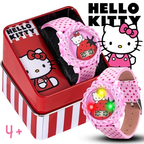 Hello Kitty Kids Digital Watch with LED Display, Pink Polka Dot PU Leather Strap, Adorable Strawberry Design, Fun Light-Up Feature, Durable & Adjustable Fit for Wrist Sizes 5.5" to 8"2
