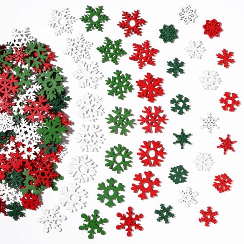 GEBETTER 100Pcs Confeti Copos de Nieve Decoración Navidad Madera Rojo Verde Blanco 2 Tamaños Adorno Navideño Mesa Regalo Paquete Tarjeta Manualidad Guirnaldas Fiesta Invierno Hogar