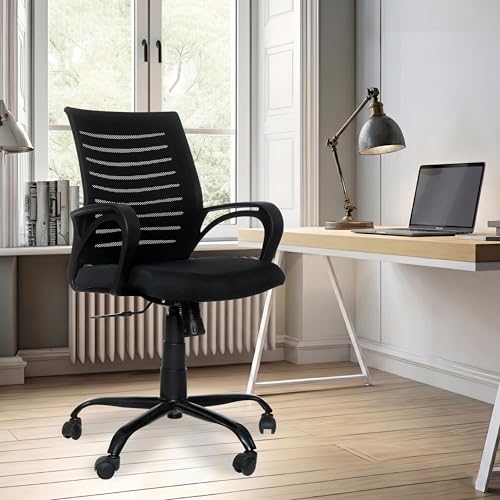 Image of Amazon Brand - Solimo Worklo Mid Back Office Chair for Work from Home | Study | Revolving | Computer (Heavy Duty Powder Coated Metal Base, Stylish Black Mesh)