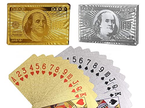 jcoral 2 Pack Dollar Playing Cards Silver Gold Poker Cards Waterproof Plastic Black and Gold Foil Playing Cards Highly Flexible,2 Decks of Cards