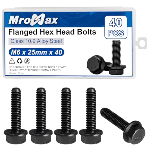 Image of M6-1.0 x 25mm Flanged Hex Head Bolts, 40Pcs Serrated Flange Bolt, Class 10.9 Alloy Steel, Black Oxide, Coarse Thread Fully Threaded, External Flange Hex Drive Screws, DIN6921 /GB5789