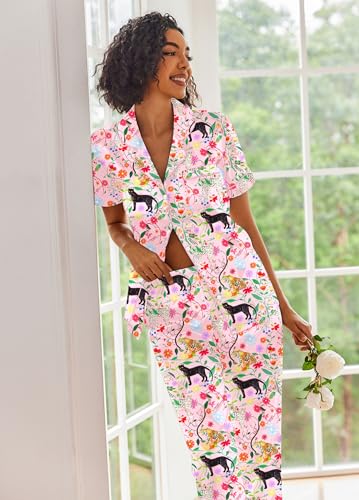 Image of Ekouaer Silk Satin Pajamas Set Women Short Sleeve Sleepwear Soft Button Down Loungewear Pjs Set