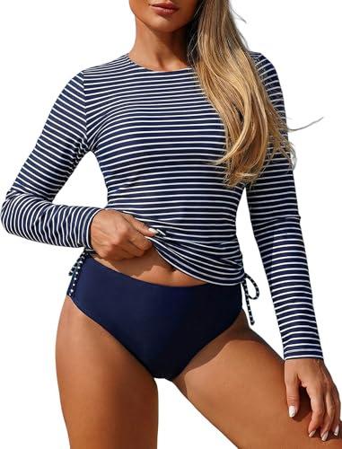Image of ZAFUL Women's Long Sleeve Rash Guard UPF 50+ Sun Protection Surf Swim Shirts Drawstring Tankini Swimsuit