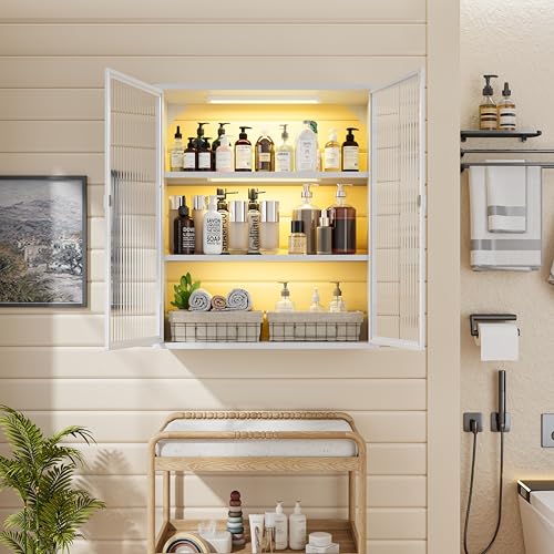 Image of Laundry Room Cabinets Wall Mounted, Metal Bathroom Wall Cabinet with Glass Doors & LED Lights, White Medicine Cabinet for Bathroom, Kitchen, Living Room and Entryway