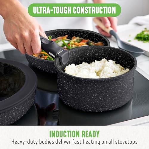GreenLife 10 Piece Nonstick Pots & Pans Set, Detachable Handle & Stackable Cookware Set, Non Toxic PFAS-Free Skillets, Induction Kitchen Pans, Space Saving, Serving Bowls, Oven Safe, Granite Black - Image 7