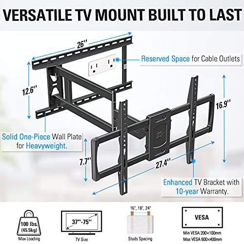 Mounting Dream Long Arm Tv Wall Mount For 37-75 Inch Tv, Corner Tv Wall Mount With 32” Long Extension, Full Motion Tv Mount Swivel & Tilt, Fits Max Vesa 600X400Mm,100 Lbs, 16”,18”,24” Studs Md2285-La #TOP3