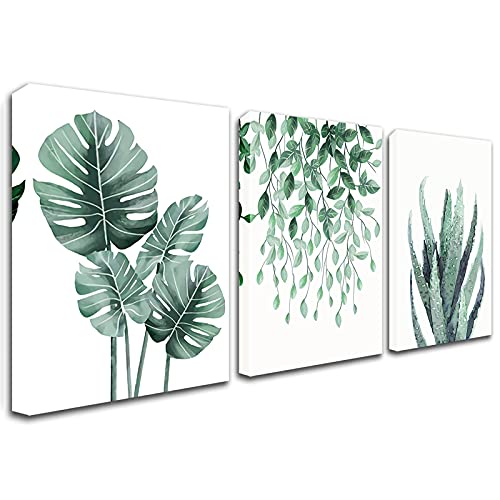 Tableau vert,Décoration murale avec feuilles,Décoration murale pour salle de bain,Art nature,Peinture simple,Impressions botaniques succulentes, maison,Cadre à 3 panneaux