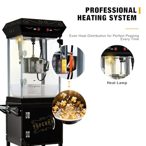 Image of Movie Theater Popcorn Maker Machine, Professional with 8oz Kettle & Cart Makes 32 Cups, Vintage Style on Wheels for Home & Commercial Use, Includes shovel & spoon, Black